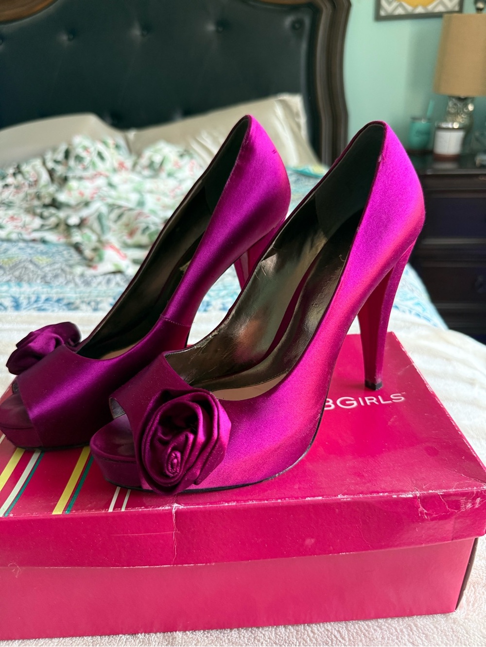 Paris Hilton Magenta Satin Peep-Toe Heels with Rosette